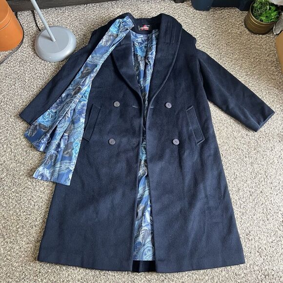 VTG Alorna Wool Blend Coat Jack + Neck Tie Classic Double Breasted Navy L Petite